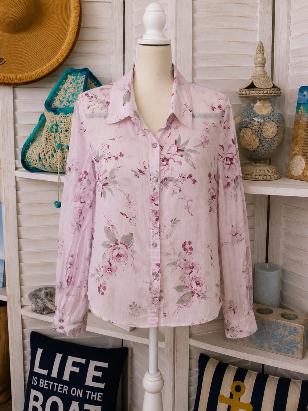 Fang Pink Floral Button Down Blouse Size XL - Feminine, Boho, Office, Classic